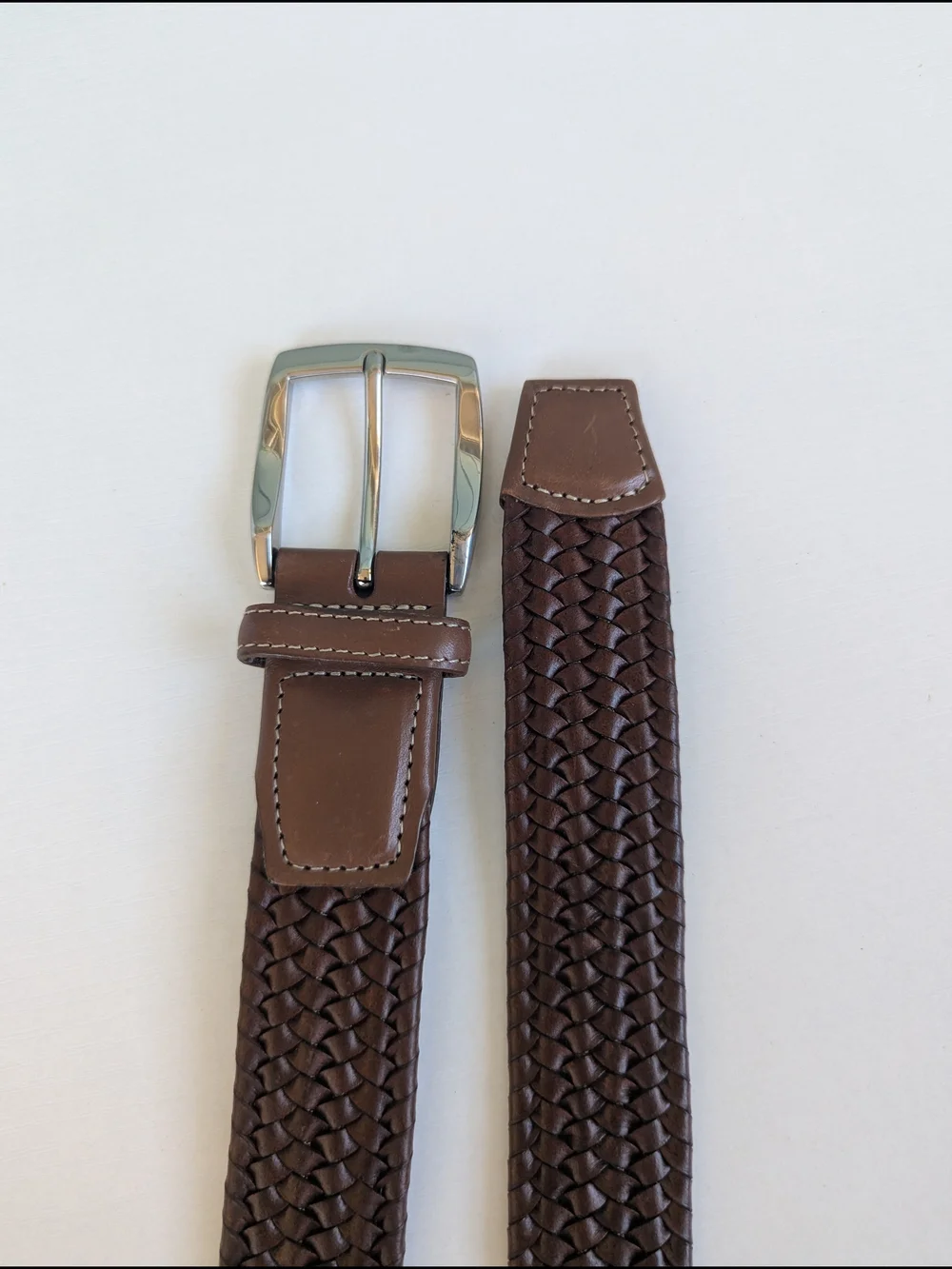 Men's Woven Brown Leather Belt with Polished Silver Buckle